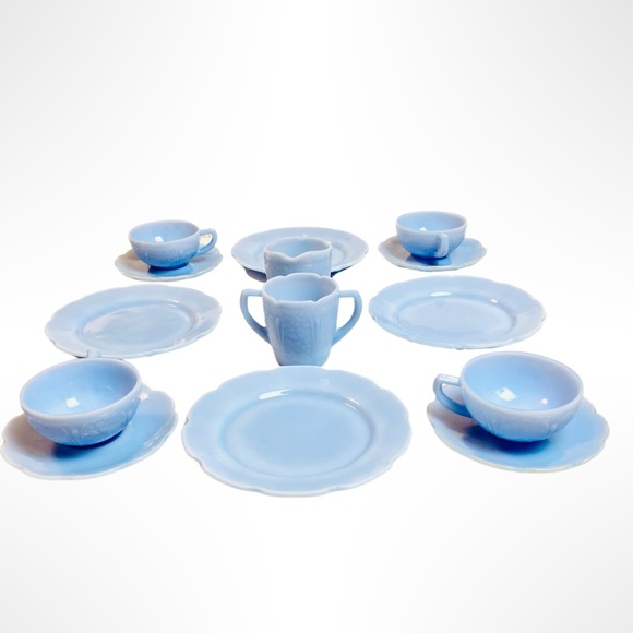 Complete 1930s Vintage Jeannette Cherry Blossom Delphite Blue 14 Pc Child's Set - Picture 10 of 10